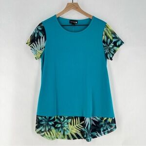 Antthony Teal Stretchy‎ Liquid Knit Floral Leaf Print Mesh Sleeves Hem Tunic